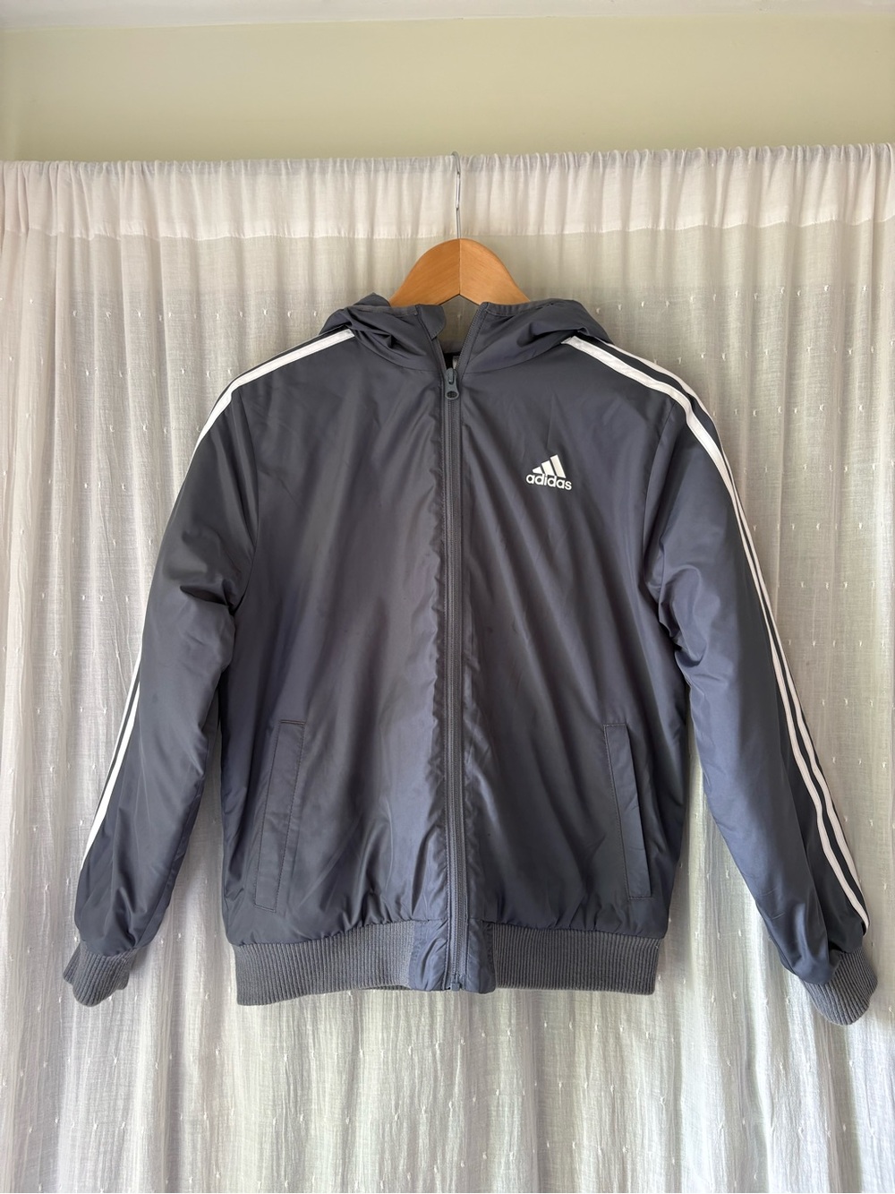 adidas Boys Charcoal Gray Hooded Windbreaker with White Stripes